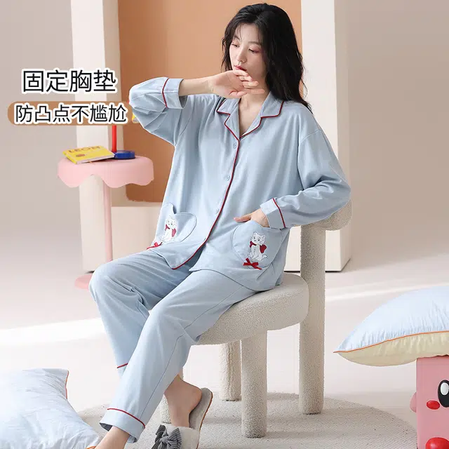 帕兰朵 纯棉春秋季长袖秋冬带胸垫可爱卡通大码舒适柔软家居服睡衣套装 女款