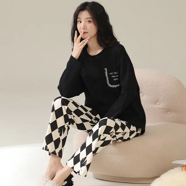 帕兰朵 春秋款带胸垫一体防走光女士甜美卡通秋冬可外穿家居服女睡衣套装 女款