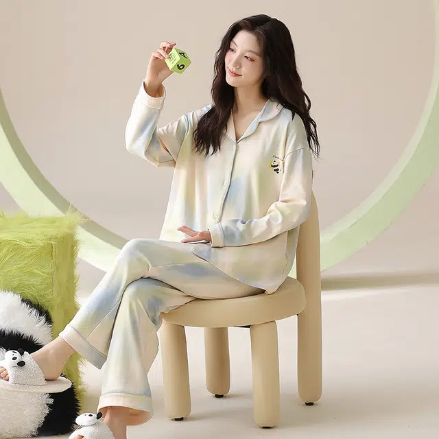 帕兰朵 纯棉女士春秋长袖长裤休闲简约开衫甜美可外穿家居服薄款睡衣套装 女款