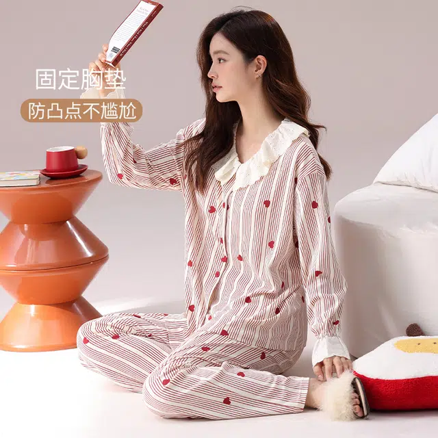 帕兰朵 带胸垫春秋季纯棉加厚公主风爱心条纹甜美家居服女长袖睡衣套装 女款