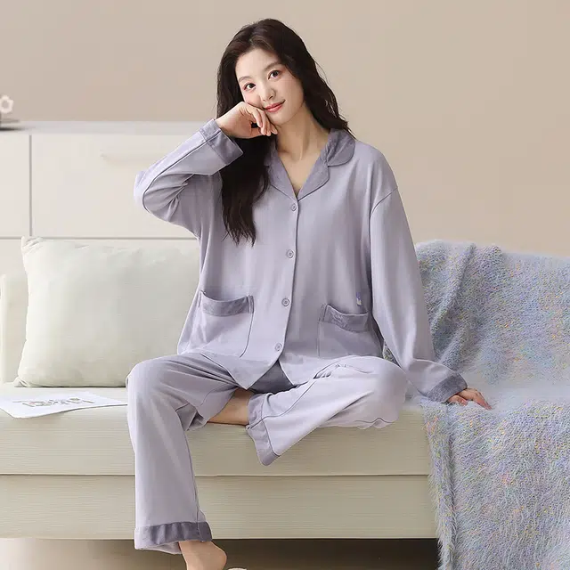 帕兰朵 女士薄款春秋季纯棉长袖休闲翻领开衫宽松全棉简约家居服睡衣套装 女款