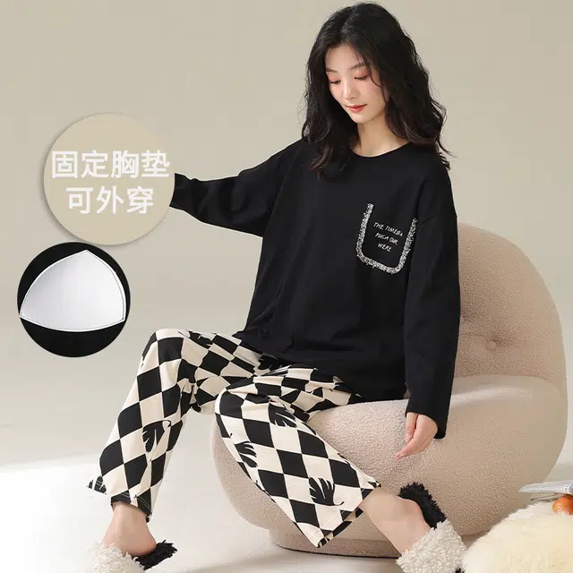 帕兰朵 春秋款带胸垫一体防走光女士甜美卡通秋冬可外穿家居服女睡衣套装 女款