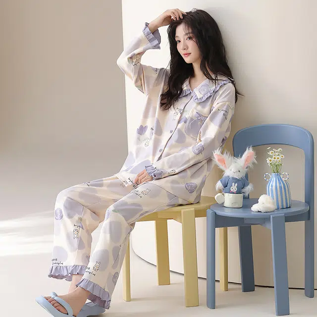 帕兰朵 春秋冬季高级感长袖外穿加大码家居服纯棉女士舒适柔软睡衣套装 女款