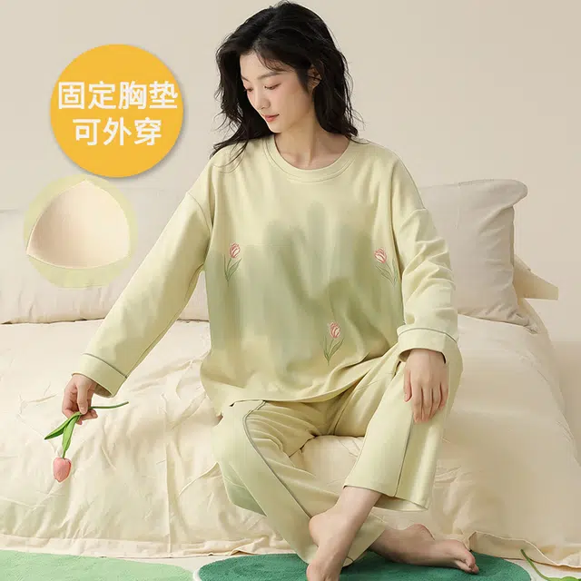 帕兰朵 春秋款带胸垫一体防走光女士甜美卡通秋冬可外穿女家居服睡衣套装 女款