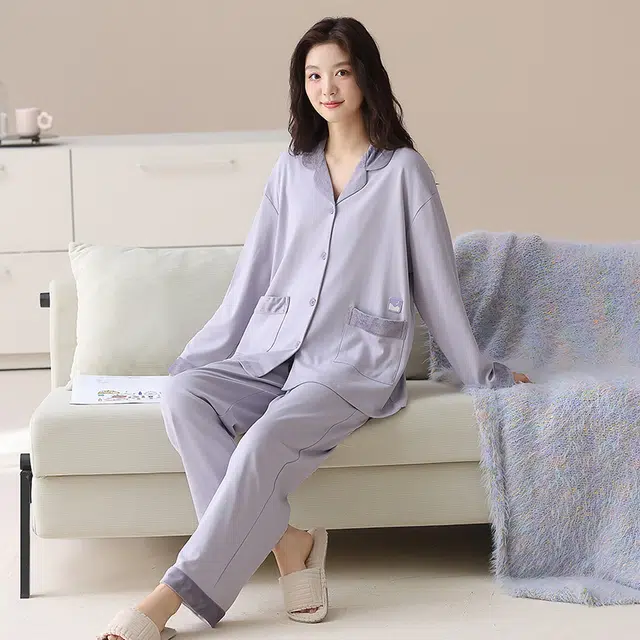 帕兰朵 女士薄款春秋季纯棉长袖休闲翻领开衫宽松全棉简约家居服睡衣套装 女款