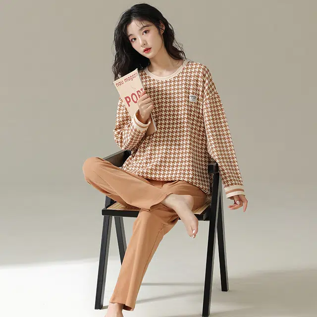 帕兰朵 春秋款带胸垫一体防走光女士甜美卡通秋冬可外穿家居服睡衣套装 女款