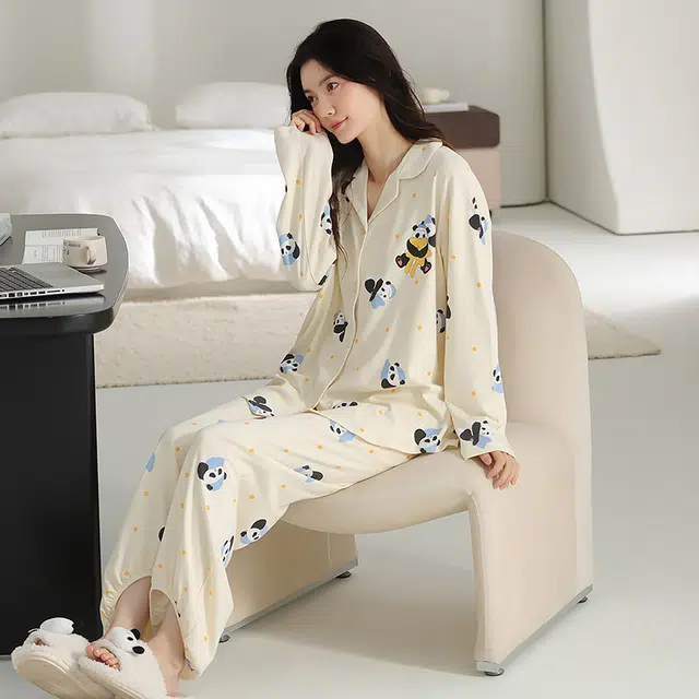 帕兰朵 春秋款长袖束脚卡通可爱开衫宽松少女生秋冬家居服纯棉女士睡衣套装 女款