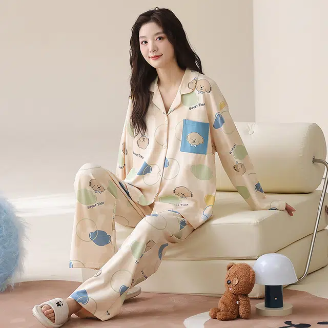 帕兰朵 纯棉春秋长袖长裤休闲开衫简约甜美家居服薄款可外穿女士睡衣套装 女款