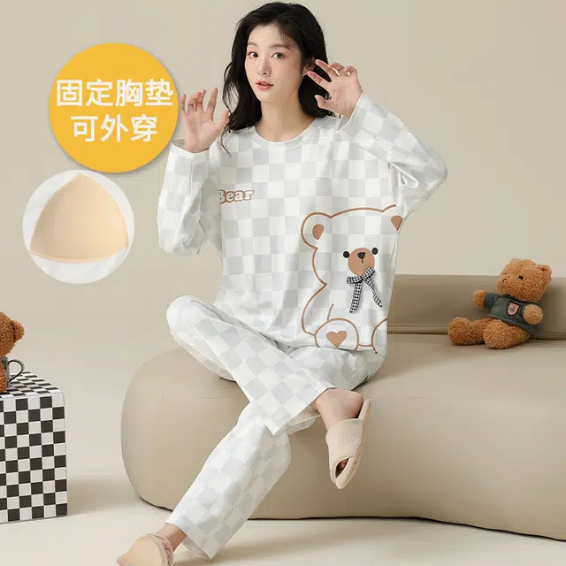 帕兰朵 带胸垫女春秋季圆领长袖纯棉女士可外穿家居服柔软舒适睡衣套装 女款