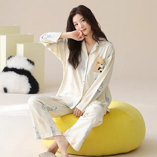 帕兰朵 纯棉女士春秋长袖长裤休闲开衫简约甜美家居服薄款可外穿女睡衣套装 女款