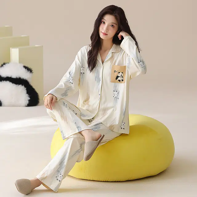 帕兰朵 纯棉女士春秋长袖长裤休闲开衫简约甜美家居服薄款可外穿女睡衣套装 女款