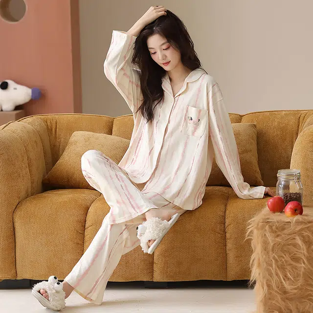 帕兰朵 纯棉女士春秋长袖长裤休闲开衫简约甜美家居服薄款可外穿舒适睡衣套装 女款