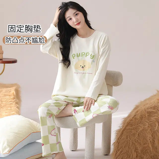 帕兰朵 春秋季纯棉长袖长裤学生家居服可外穿可爱韩版舒适女 睡衣套装 女款