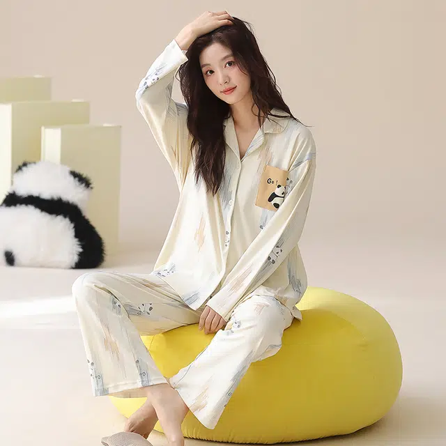 帕兰朵 纯棉女士春秋长袖长裤休闲开衫简约甜美家居服薄款可外穿女睡衣套装 女款