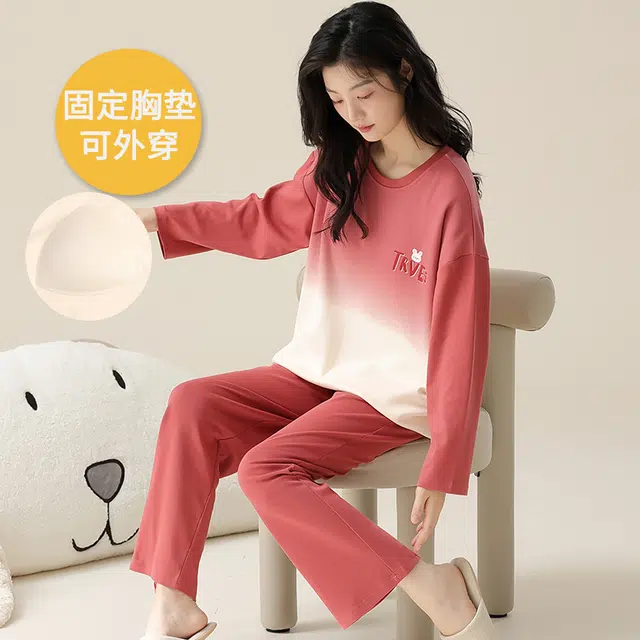 帕兰朵 女春秋款带胸垫一体防走光女士甜美卡通秋冬可外穿家居服睡衣套装 女款