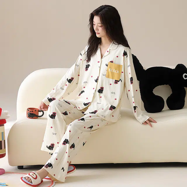 帕兰朵 纯棉女士春秋长袖长裤套装休闲开衫简约甜美家薄款可外穿家居服睡衣 女款