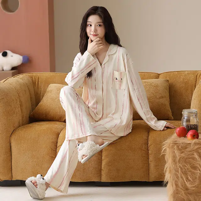 帕兰朵 纯棉女士春秋长袖长裤休闲开衫简约甜美家居服薄款可外穿舒适睡衣套装 女款