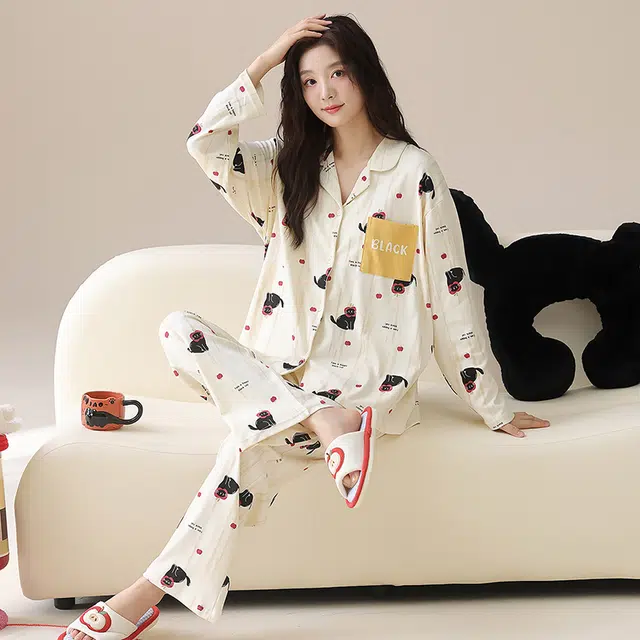 帕兰朵 纯棉女士春秋长袖长裤套装休闲开衫简约甜美家薄款可外穿家居服睡衣 女款
