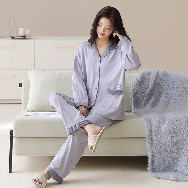 帕兰朵 女士薄款春秋季纯棉长袖休闲翻领开衫宽松全棉简约家居服睡衣套装 女款