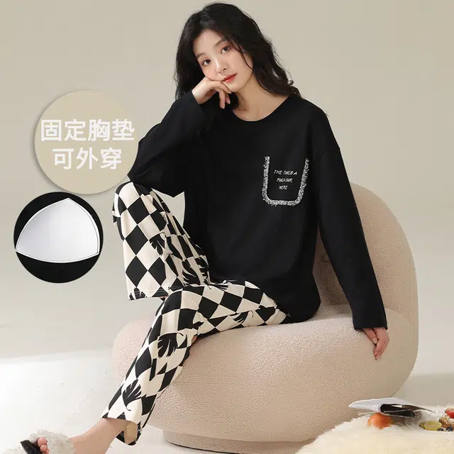 帕兰朵 春秋款带胸垫一体防走光女士甜美卡通秋冬可外穿家居服女睡衣套装 女款