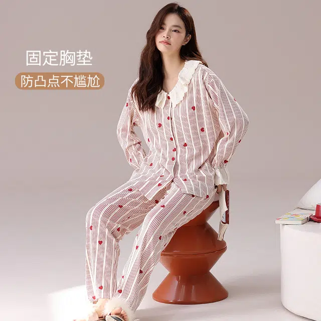 帕兰朵 带胸垫春秋季纯棉加厚公主风爱心条纹甜美家居服女长袖睡衣套装 女款