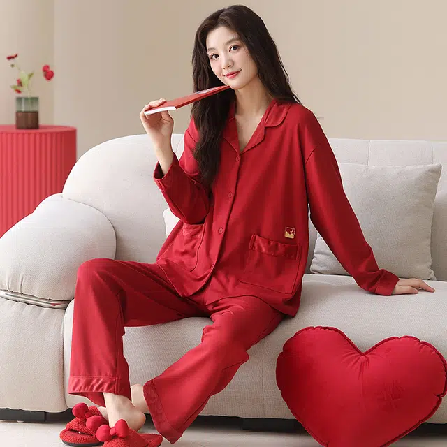 帕兰朵 春秋季纯棉长袖开衫大红色本命年结婚大码家居服可外穿女士睡衣套装 女款