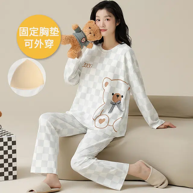 帕兰朵 带胸垫女春秋季圆领长袖纯棉女士可外穿家居服柔软舒适睡衣套装 女款