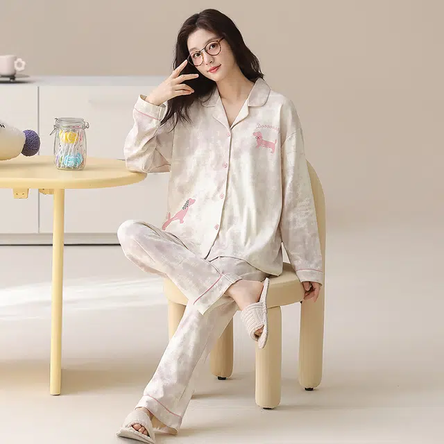 帕兰朵 纯棉女士春秋长袖长裤休闲开衫简约甜美家居服薄款可外穿睡衣套装 女款