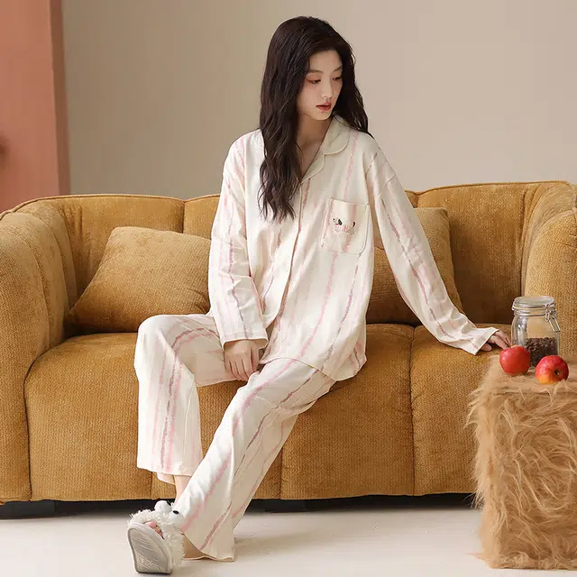 帕兰朵 纯棉女士春秋长袖长裤休闲开衫简约甜美家居服薄款可外穿舒适睡衣套装 女款