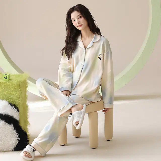 帕兰朵 纯棉女士春秋长袖长裤休闲简约开衫甜美可外穿家居服薄款睡衣套装 女款