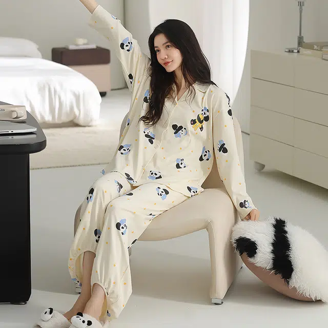 帕兰朵 春秋款长袖束脚卡通可爱开衫宽松少女生秋冬家居服纯棉女士睡衣套装 女款