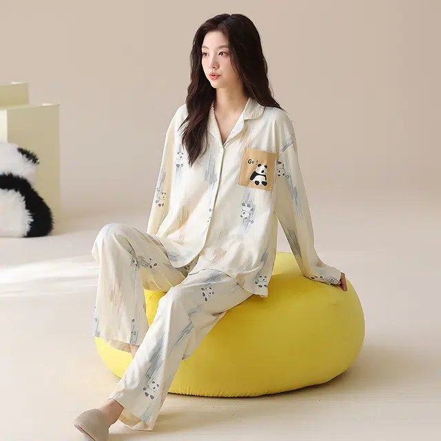 帕兰朵 纯棉女士春秋长袖长裤休闲开衫简约甜美家居服薄款可外穿女睡衣套装 女款