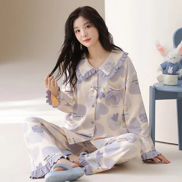 帕兰朵 春秋冬季高级感长袖外穿加大码家居服纯棉女士舒适柔软睡衣套装 女款