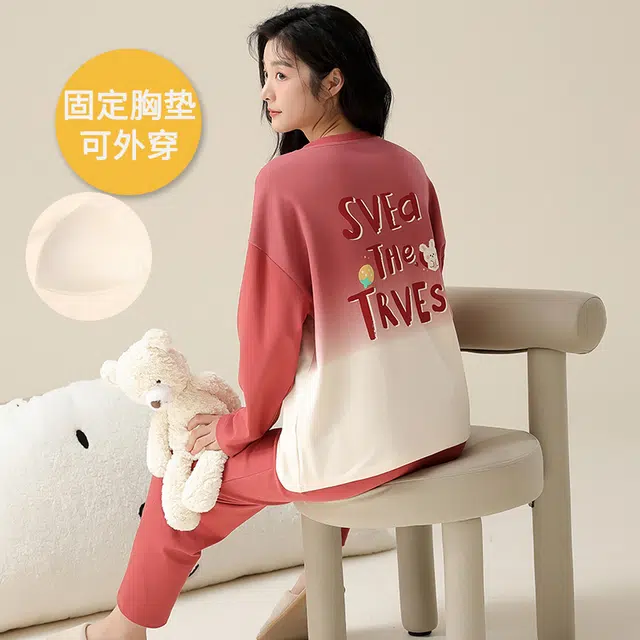 帕兰朵 女春秋款带胸垫一体防走光女士甜美卡通秋冬可外穿家居服睡衣套装 女款