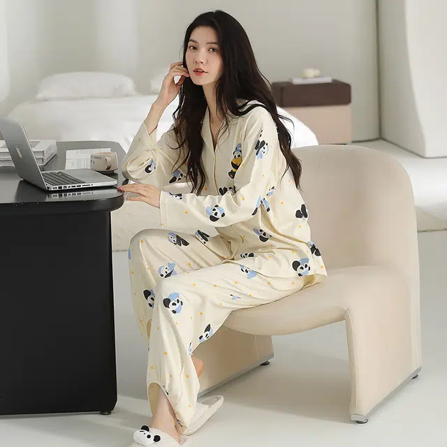 帕兰朵 春秋款长袖束脚卡通可爱开衫宽松少女生秋冬家居服纯棉女士睡衣套装 女款