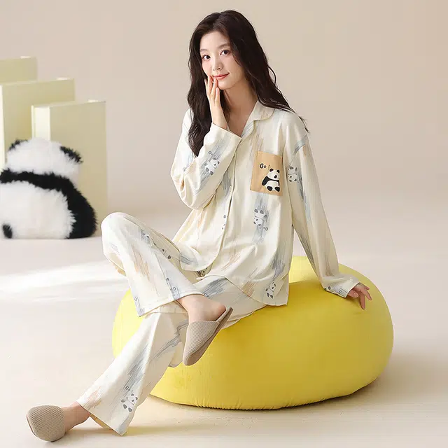 帕兰朵 纯棉女士春秋长袖长裤休闲开衫简约甜美家居服薄款可外穿女睡衣套装 女款