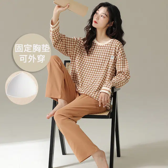 帕兰朵 春秋款带胸垫一体防走光女士甜美卡通秋冬可外穿家居服睡衣套装 女款