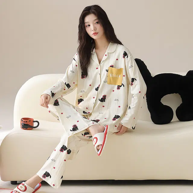 帕兰朵 纯棉女士春秋长袖长裤套装休闲开衫简约甜美家薄款可外穿家居服睡衣 女款