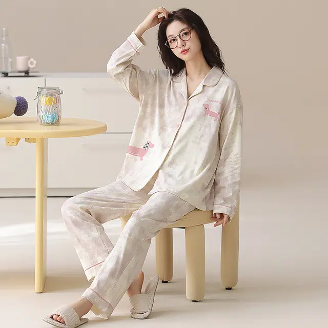 帕兰朵 纯棉女士春秋长袖长裤休闲开衫简约甜美家居服薄款可外穿睡衣套装 女款