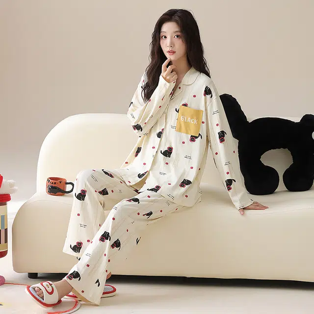 帕兰朵 纯棉女士春秋长袖长裤套装休闲开衫简约甜美家薄款可外穿家居服睡衣 女款