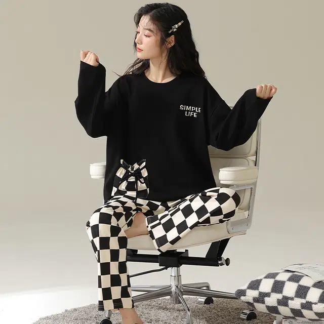 帕兰朵 纯棉春秋季带胸垫一体长袖格子长裤休闲可外穿家居服舒适睡衣套装 女款