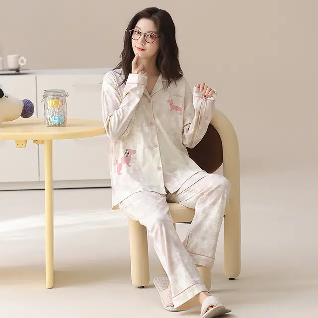 帕兰朵 纯棉女士春秋长袖长裤休闲开衫简约甜美家居服薄款可外穿睡衣套装 女款