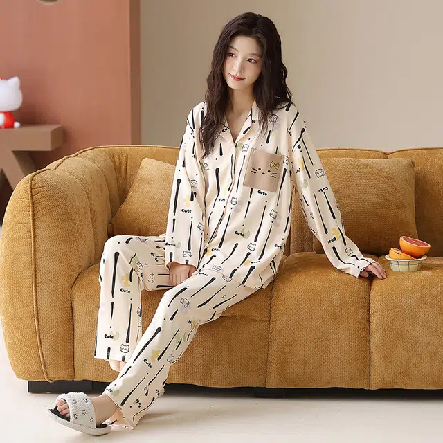 帕兰朵 春秋长袖长裤休闲开衫简约甜美家居服薄款可外穿纯棉女士睡衣套装 女款