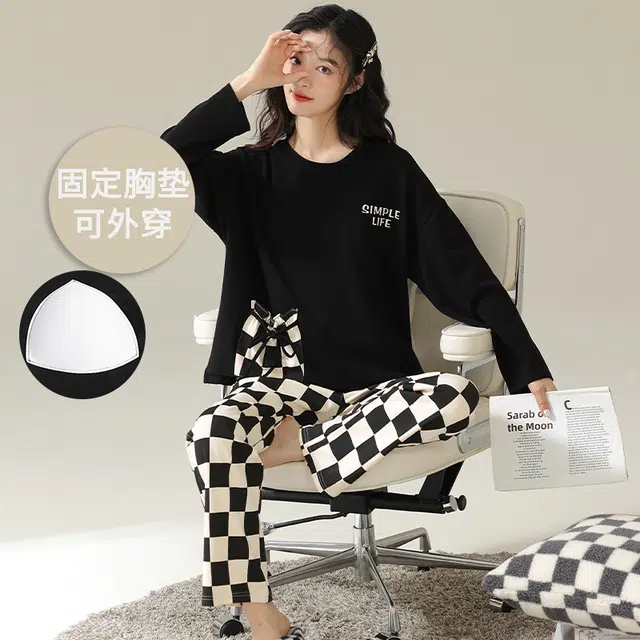帕兰朵 纯棉春秋季带胸垫一体长袖格子长裤休闲可外穿家居服舒适睡衣套装 女款