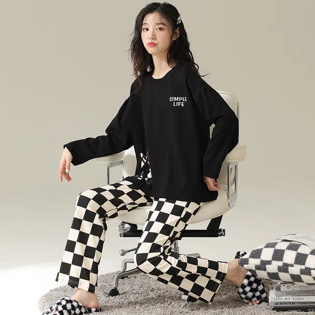 帕兰朵 纯棉春秋季带胸垫一体长袖格子长裤休闲可外穿家居服舒适睡衣套装 女款