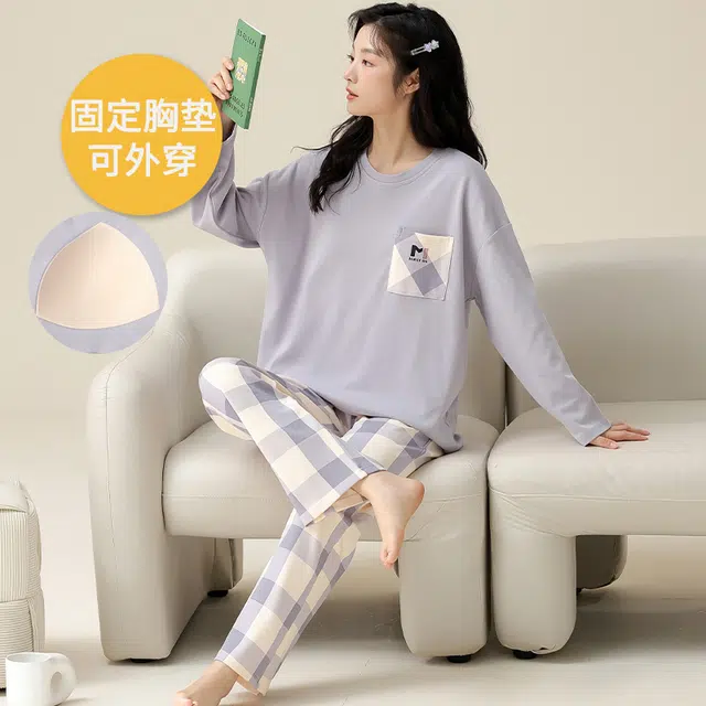 帕兰朵 纯棉春秋款长袖长裤圆领可爱卡通休闲宽松可外穿家居服女士睡衣套装 女款