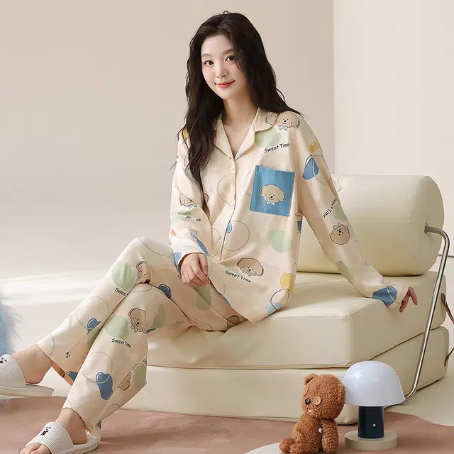 帕兰朵 纯棉春秋长袖长裤休闲开衫简约甜美家居服薄款可外穿女士睡衣套装 女款