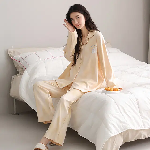帕兰朵 春秋季纯棉长袖长裤可爱卡通小熊大码宽松家居服外穿睡衣套装 女款