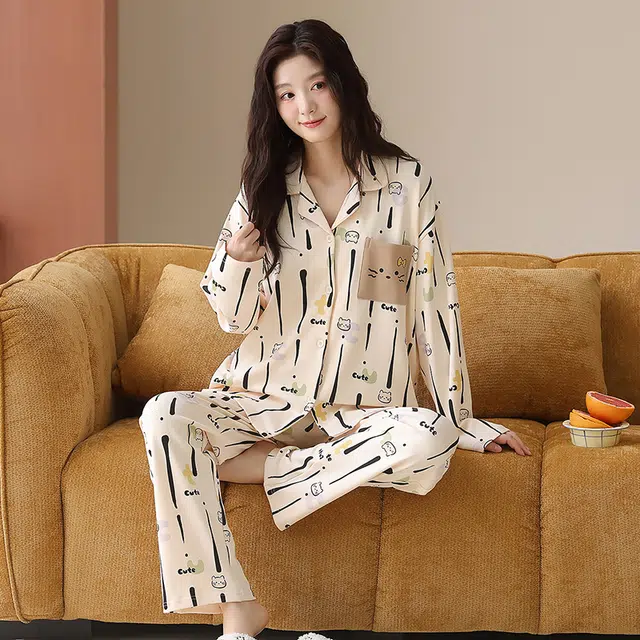 帕兰朵 春秋长袖长裤休闲开衫简约甜美家居服薄款可外穿纯棉女士睡衣套装 女款