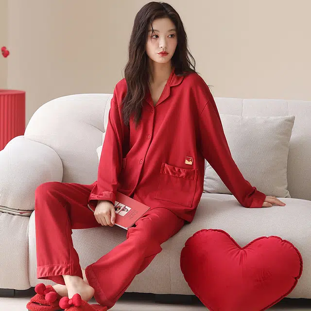 帕兰朵 春秋季纯棉长袖开衫大红色本命年结婚大码家居服可外穿女士睡衣套装 女款